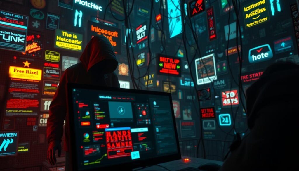 a dystopian digital landscape, a tangled web of malicious advertisements, nefarious pop-ups, and deceptive banners, all designed to lure unsuspecting users into a trap of hidden viruses and data breaches. In the foreground, a computer screen displays a maze of flashing, colorful ads, each one a potential threat, while in the background, a sinister figure lurks, manipulating the digital landscape to their own ends. The lighting is harsh, casting long shadows and creating a sense of unease, while the camera angle is tilted, adding to the feeling of instability and chaos. The overall mood is one of danger and vulnerability, perfectly capturing the essence of the "no-click" malvertising threat.