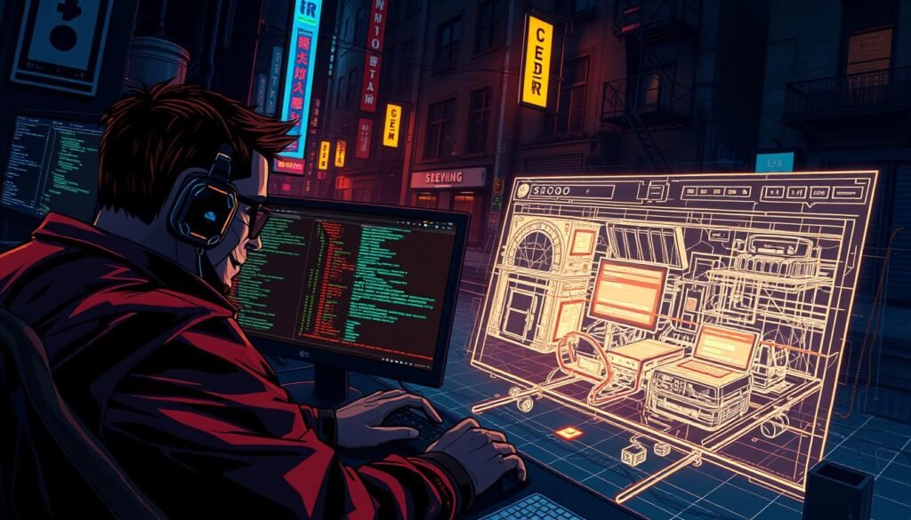 a high-resolution digital illustration of a reconnaissance operation, depicting a cybersecurity analyst conducting a thorough investigation of a web application's attack surface. The scene shows the analyst closely examining the target website's structure, probing its vulnerabilities, and mapping out potential attack vectors. The foreground features the analyst's workstation, with multiple screens displaying various network monitoring and vulnerability assessment tools. The middle ground showcases a 3D wireframe model of the web application, highlighting its components and interconnections. The background depicts a dimly lit, gritty urban environment, symbolizing the covert and high-stakes nature of the reconnaissance process. The overall mood is tense and focused, with a sense of methodical preparation for a targeted web application hack.