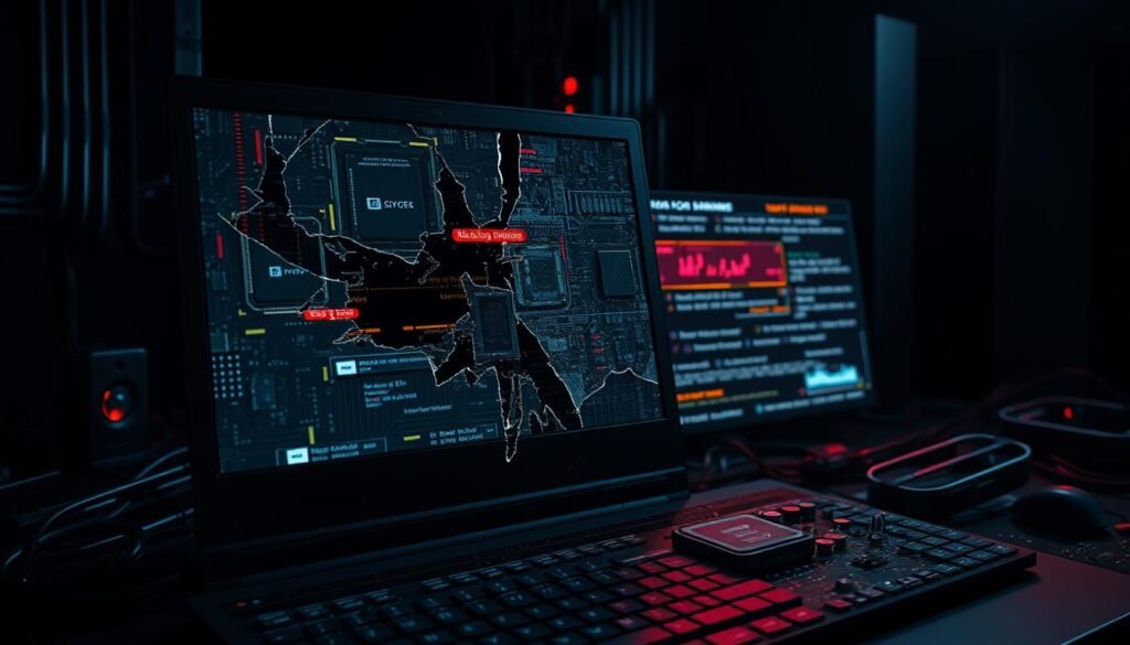 a highly detailed, photo-realistic digital illustration of a zero-day exploit, depicted as a complex software vulnerability manifesting as a glitch or distortion in a computer system's interface. the foreground shows a fractured, corrupted display screen with digital artifacts and visual anomalies. the middle ground features a partially disassembled circuit board with exposed microchips and wiring. the background is a dark, shadowy environment suggesting the clandestine nature of this cybersecurity threat. the overall mood is one of technological unease and the sinister potential of undiscovered software flaws. the lighting is dramatic, with stark contrasts and a sense of technical depth. the composition emphasizes the gravity and technical nuance of a zero-day vulnerability.