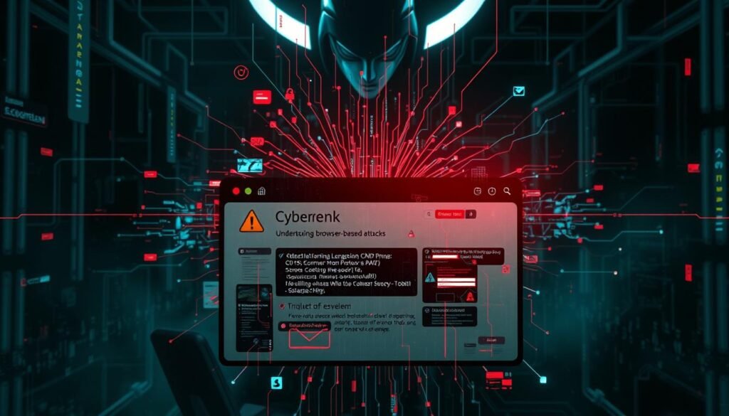 a highly detailed, photorealistic digital illustration of browser vulnerabilities, with a striking and ominous atmosphere. in the foreground, a stylized web browser window displays various security warning icons, glitches, and corrupted visuals, conveying the idea of a compromised system. the middle ground features a complex network of lines, nodes, and digital artifacts, representing the underlying vulnerabilities and attack vectors within the browser infrastructure. in the background, a dark, foreboding environment with ominous lighting and subtle textures creates a sense of unease and impending danger. the overall composition emphasizes the severity and technicality of browser-based attacks, providing a visually compelling representation of the "understanding browser-based attacks" concept.