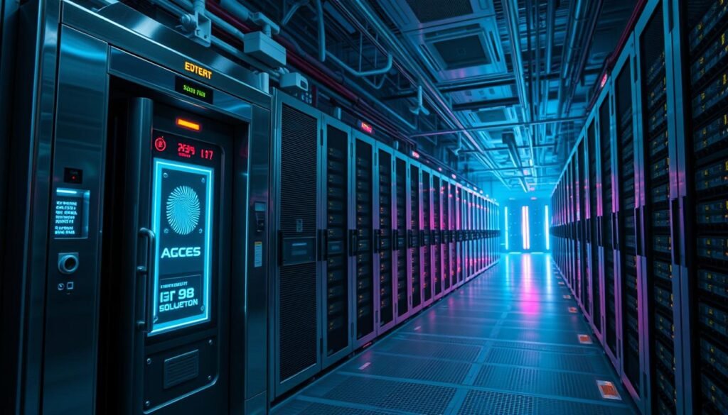 a highly secure data center with advanced access control systems, biometric scanners, and multiple layers of physical and digital security measures. the foreground features a high-tech access panel with fingerprint and iris recognition, surrounded by sleek metallic surfaces and glowing indicator lights. the middle ground showcases sophisticated surveillance cameras, motion detectors, and electromagnetic locks integrated into the architecture. the background depicts a vast server room filled with rack-mounted hardware, blinking status lights, and a subtle blue-tinted lighting scheme to convey a sense of technological sophistication and data protection. the overall mood is one of heightened security, technological prowess, and a focus on safeguarding critical information assets.
