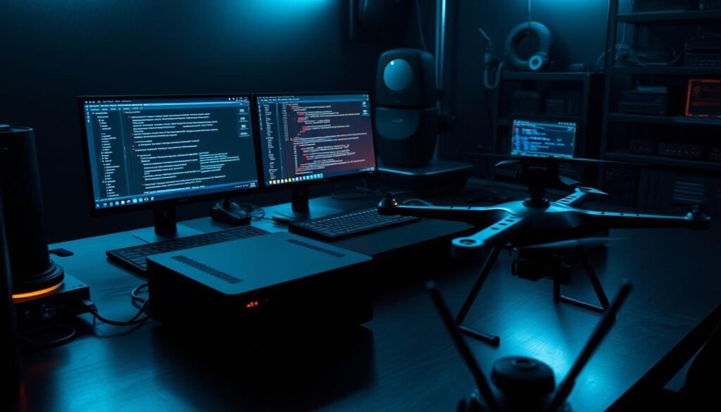 a professional command center with an array of advanced ethical hacking tools and equipment, including a laptop with multiple screens displaying code and network diagrams, a high-tech wireless router, a USB-powered security device, and a 3D-printed drone with a camera mounted on it, all arranged on a sleek, dark metal desk in a dimly lit, high-tech environment with a moody, atmospheric lighting and a minimalist, futuristic aesthetic, creating a sense of power, precision, and the pursuit of digital security