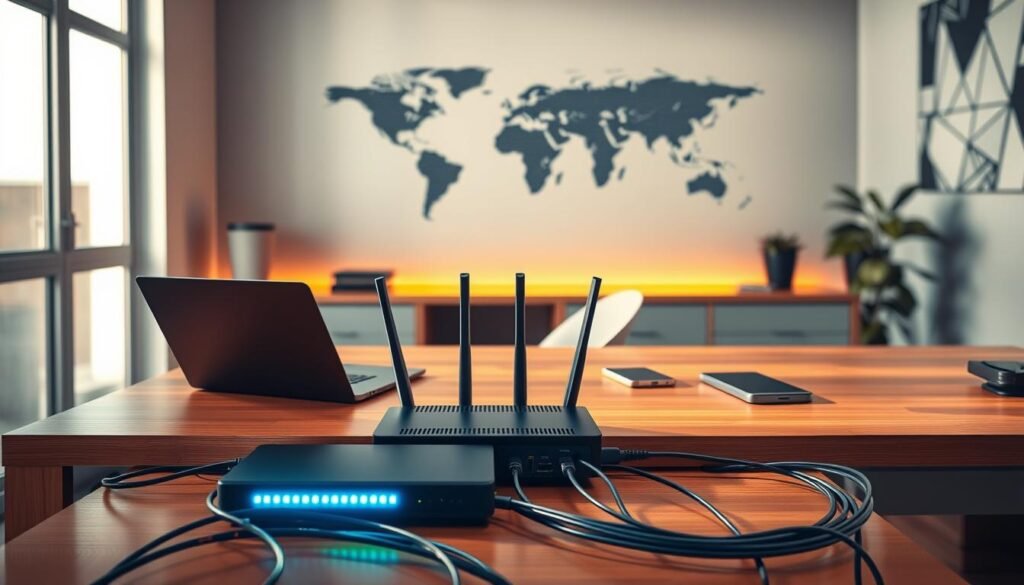a sleek, minimalist home office with a laptop, smartphone, and tablet on a modern wooden desk. The room is bathed in warm, diffused lighting from a large window, casting soft shadows and highlighting the clean lines of the furniture. In the foreground, a network router and modem sit prominently, symbolizing the importance of secure home network connectivity. The middle ground features network cables neatly organized and connected to various devices, conveying a sense of order and control. The background subtly suggests the interconnected nature of the digital world, with a stylized world map or abstract geometric patterns on the wall. The overall mood is one of professionalism, efficiency, and a proactive approach to home network security.