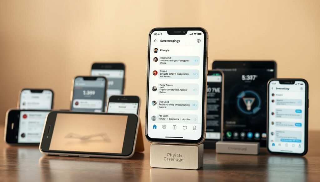 a vibrant and secure messaging app interface, displayed on various mobile devices arranged in a stylish, minimalist composition. The foreground showcases the sleek app UI with encrypted communication features, clean typography, and intuitive user controls. The middle ground features the array of devices, each displaying the app in different states of use, reflecting its cross-platform compatibility. The background has a soft, blurred gradient in muted tones, creating a sense of depth and emphasizing the app's focus on privacy and security. The overall lighting is warm and natural, with subtle highlights on the devices, conveying a premium, high-tech aesthetic.