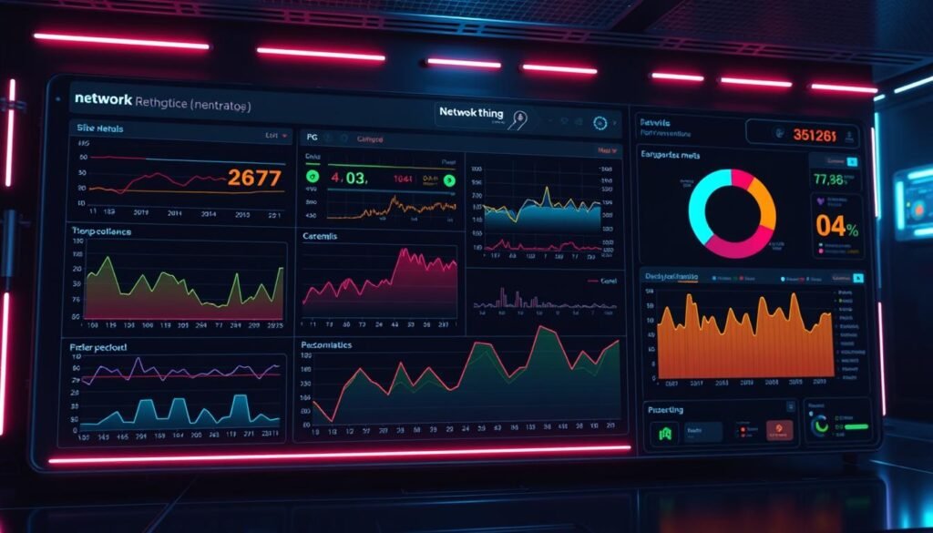 high-tech network monitoring dashboard with colorful graph visualizations, sleek user interface, and key performance metrics displayed in a clean, modern layout; crisp 4K resolution, minimalist style, neon accents, glowing interface elements, cinematic lighting, high-contrast colors, dynamic and interactive data visualizations