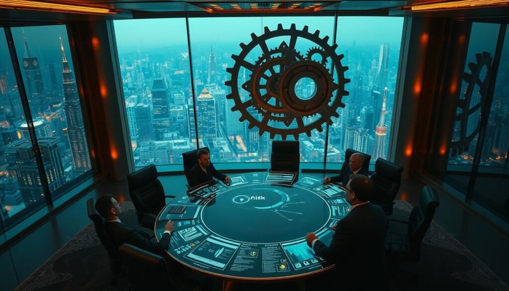 A bird's-eye view of a corporate boardroom, illuminated by warm, focused lighting. In the foreground, a circular table with high-backed chairs, around which executives pore over a series of holographic risk management dashboards, their faces cast in a contemplative glow. The middle ground features floor-to-ceiling windows, offering a panoramic view of a bustling city skyline. In the background, a massive, abstract sculpture of interlocking gears and cogs, symbolizing the intricate machinery of risk assessment and mitigation. The overall atmosphere conveys a sense of serious deliberation, strategic foresight, and a commitment to proactive risk management.