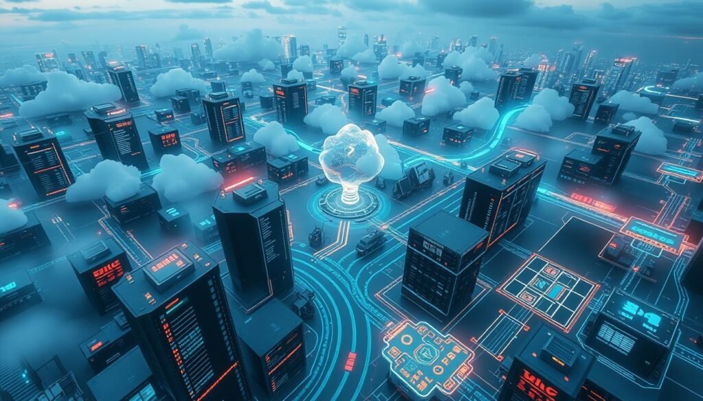 A birds-eye view of a sprawling cloud infrastructure, with servers, storage devices, and networking equipment arranged in a visually striking layout. The scene is bathed in a cool, ethereal light, giving it a sense of clarity and transparency. In the foreground, various cloud monitoring and security tools are displayed, providing detailed analytics and dashboards that offer complete visibility into the infrastructure's performance and security posture. The middle ground showcases the interconnected nature of the cloud, with data flows and access controls represented by glowing data streams and intricate network diagrams. In the background, a serene cityscape or natural landscape provides a calming contrast, emphasizing the scale and importance of the cloud-based systems being monitored and secured. A birds-eye view of a sprawling cloud infrastructure, with servers, storage devices, and networking equipment arranged in a visually striking layout. The scene is bathed in a cool, ethereal light, giving it a sense of clarity and transparency. In the foreground, various cloud monitoring and security tools are displayed, providing detailed analytics and dashboards that offer complete visibility into the infrastructure's performance and security posture. The middle ground showcases the interconnected nature of the cloud, with data flows and access controls represented by glowing data streams and intricate network diagrams. In the background, a serene cityscape or natural landscape provides a calming contrast, emphasizing the scale and importance of the cloud-based systems being monitored and secured.