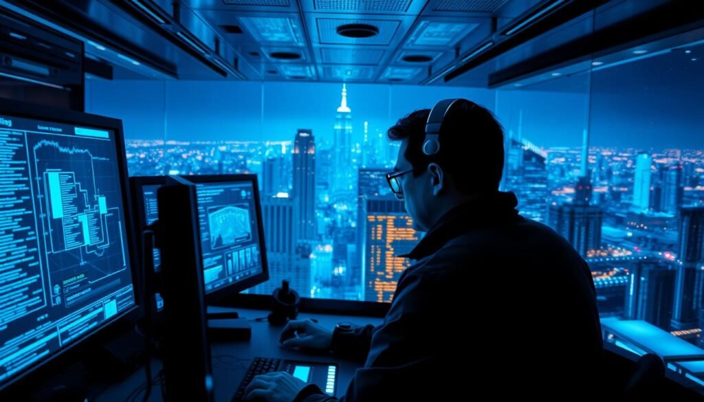 A blue-tinted cybersecurity control room, filled with holographic displays and sleek monitors. In the foreground, a security analyst intently scans network traffic, their keen eyes detecting anomalies. In the middle ground, an array of threat detection tools analyze real-time data, casting an eerie glow over the scene. The background is a sprawling cityscape, with skyscrapers and infrastructure represented by abstract lines of code. The lighting is cool and intense, evoking a sense of vigilance and focus. The overall mood is one of technical mastery and proactive defense, capturing the essence of "blue team detection" in a visually striking manner.