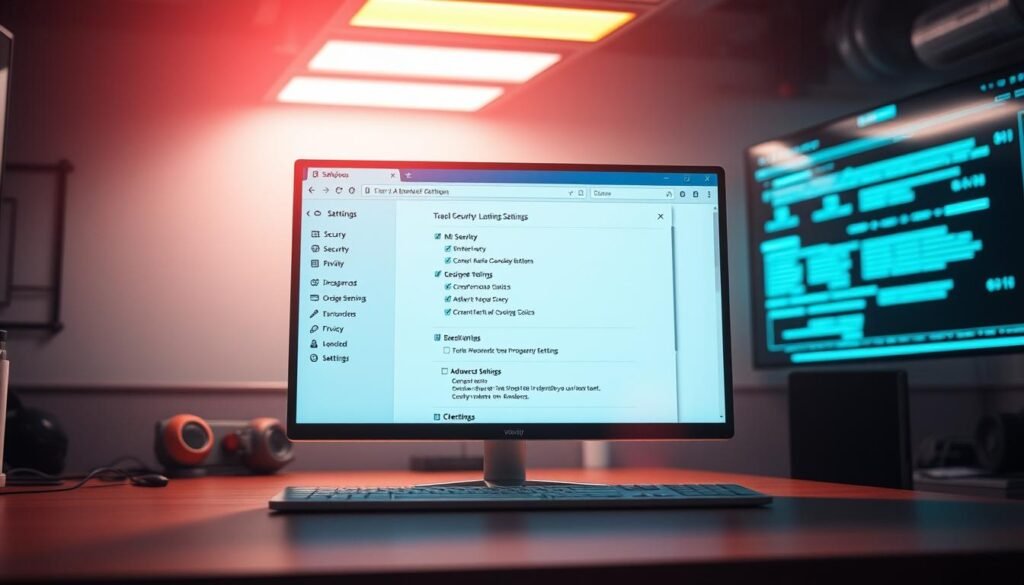 A bright, well-lit computer desktop with a web browser window open, displaying the settings menu. The window is prominently placed in the center, with a clean, uncluttered background. The settings menu showcases various configuration options such as security, privacy, and advanced settings. The overall scene conveys a sense of order and control, inviting the viewer to explore the browser's capabilities for safeguarding their digital environment. A bright, well-lit computer desktop with a web browser window open, displaying the settings menu. The window is prominently placed in the center, with a clean, uncluttered background. The settings menu showcases various configuration options such as security, privacy, and advanced settings. The overall scene conveys a sense of order and control, inviting the viewer to explore the browser's capabilities for safeguarding their digital environment.