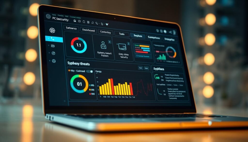A brightly lit, close-up view of a laptop screen displaying a comprehensive PC security dashboard. The dashboard features clear icons and visualizations indicating the presence of potential spyware threats, with real-time monitoring of system activity and network connections. The screen is set against a soft, out-of-focus background, emphasizing the focal point of the security interface. The lighting is warm and natural, creating a sense of professionalism and trustworthiness. The overall composition conveys a sense of vigilance and control over the digital environment, reflecting the need for effective spyware detection and removal on a Windows system.