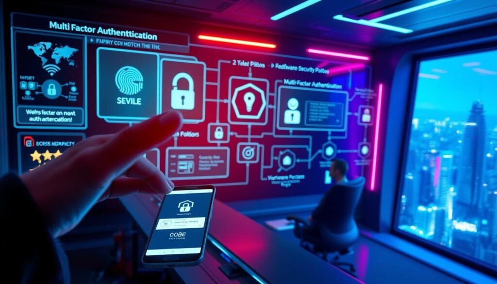 A brightly lit cybersecurity control room, featuring a sleek and modern user interface showcasing various multi-factor authentication options. In the foreground, a finger hovers over a biometric scanner, with a two-factor authentication code displayed on a mobile device. The middle ground depicts a network of secure access points, with users verifying their identities through a range of methods, including facial recognition, SMS codes, and hardware security keys. The background showcases a futuristic cityscape, symbolizing the importance of robust remote work security in a connected world. A brightly lit cybersecurity control room, featuring a sleek and modern user interface showcasing various multi-factor authentication options. In the foreground, a finger hovers over a biometric scanner, with a two-factor authentication code displayed on a mobile device. The middle ground depicts a network of secure access points, with users verifying their identities through a range of methods, including facial recognition, SMS codes, and hardware security keys. The background showcases a futuristic cityscape, symbolizing the importance of robust remote work security in a connected world.