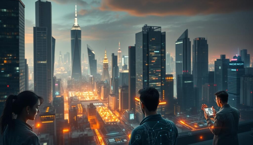 A bustling cityscape with towering skyscrapers, reflecting the dynamism of the cybersecurity industry. In the foreground, a diverse group of professionals navigating intricate career pathways, each represented by glowing data streams and holographic interfaces. The mid-ground features a central hub of activity, where mentors and experts guide individuals towards tailored growth opportunities. In the background, a panoramic view of the city skyline, illuminated by a warm, golden glow, symbolizing the promising future of the cybersecurity field. Subtle lens flares and a cinematic depth of field create a sense of depth and atmosphere, inviting the viewer to immerse themselves in this vision of the evolving cybersecurity landscape. A bustling cityscape with towering skyscrapers, reflecting the dynamism of the cybersecurity industry. In the foreground, a diverse group of professionals navigating intricate career pathways, each represented by glowing data streams and holographic interfaces. The mid-ground features a central hub of activity, where mentors and experts guide individuals towards tailored growth opportunities. In the background, a panoramic view of the city skyline, illuminated by a warm, golden glow, symbolizing the promising future of the cybersecurity field. Subtle lens flares and a cinematic depth of field create a sense of depth and atmosphere, inviting the viewer to immerse themselves in this vision of the evolving cybersecurity landscape.