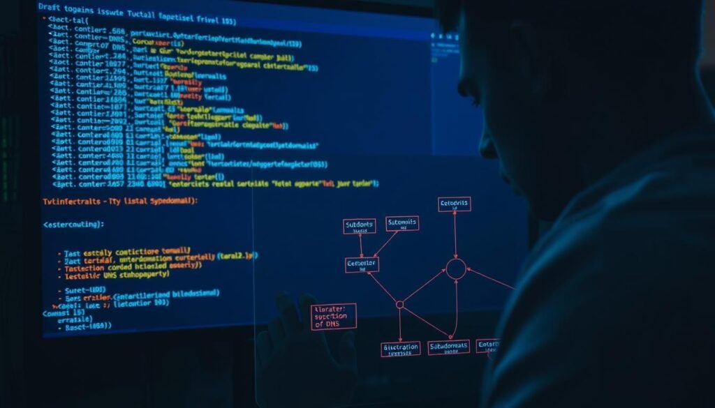 A bustling command-line interface, with a terminal window displaying a series of DNS-related commands and outputs. In the foreground, a network diagram highlighting the relationships between a main domain and its subdomains, with certain subdomains marked as vulnerable. Soft, diffused lighting casts a contemplative atmosphere, as a cybersecurity professional examines the diagram, considering strategies for remediation. The scene conveys a sense of technical expertise and attention to detail, reflecting the subject matter of the article section. A bustling command-line interface, with a terminal window displaying a series of DNS-related commands and outputs. In the foreground, a network diagram highlighting the relationships between a main domain and its subdomains, with certain subdomains marked as vulnerable. Soft, diffused lighting casts a contemplative atmosphere, as a cybersecurity professional examines the diagram, considering strategies for remediation. The scene conveys a sense of technical expertise and attention to detail, reflecting the subject matter of the article section.