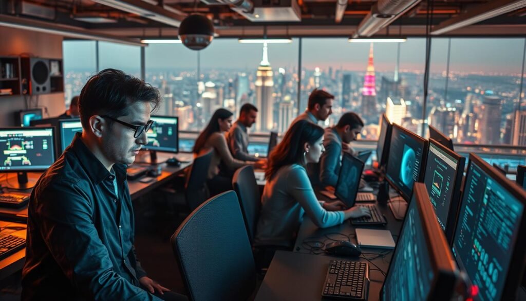 A bustling cybersecurity office, filled with the hum of keyboards and the glow of monitors. In the foreground, a consultant engrossed in their work, brows furrowed in concentration. Surrounding them, a dynamic team collaborating, sharing insights, and strategizing. The middle ground showcases an array of tools and technologies, symbolic of the diverse skill set required. In the background, a panoramic view of a vibrant city skyline, reflecting the global reach and impact of the industry. Warm, directional lighting casts a sense of purpose and professionalism, while the overall composition conveys the energy, teamwork, and experience essential for a successful cybersecurity career. A bustling cybersecurity office, filled with the hum of keyboards and the glow of monitors. In the foreground, a consultant engrossed in their work, brows furrowed in concentration. Surrounding them, a dynamic team collaborating, sharing insights, and strategizing. The middle ground showcases an array of tools and technologies, symbolic of the diverse skill set required. In the background, a panoramic view of a vibrant city skyline, reflecting the global reach and impact of the industry. Warm, directional lighting casts a sense of purpose and professionalism, while the overall composition conveys the energy, teamwork, and experience essential for a successful cybersecurity career.