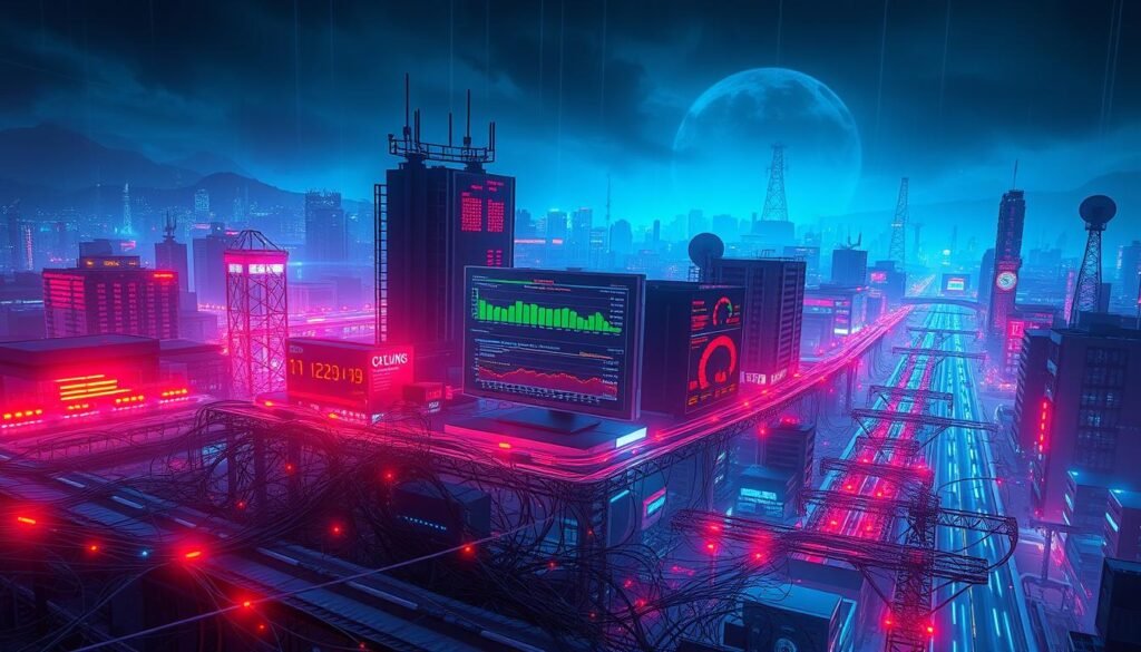 A bustling digital cityscape, with data packets zipping through intricate networks like neon-lit highways. The foreground depicts a jumble of cables, switches, and routers, their blinking lights hinting at the unseen activity. In the middle ground, a series of network traffic visualizations - colorful graphs, heat maps, and packet traces - pulse with activity, revealing patterns and anomalies. The background is a shadowy, semi-transparent landscape of servers, antennas, and satellite dishes, casting an ominous presence, suggesting the potential for unwanted surveillance. The lighting is dramatic, with cool blue tones and sharp contrasts, creating a sense of urgency and alert. The overall mood is one of techno-tension, hinting at the challenges of detecting and preventing network sniffing.