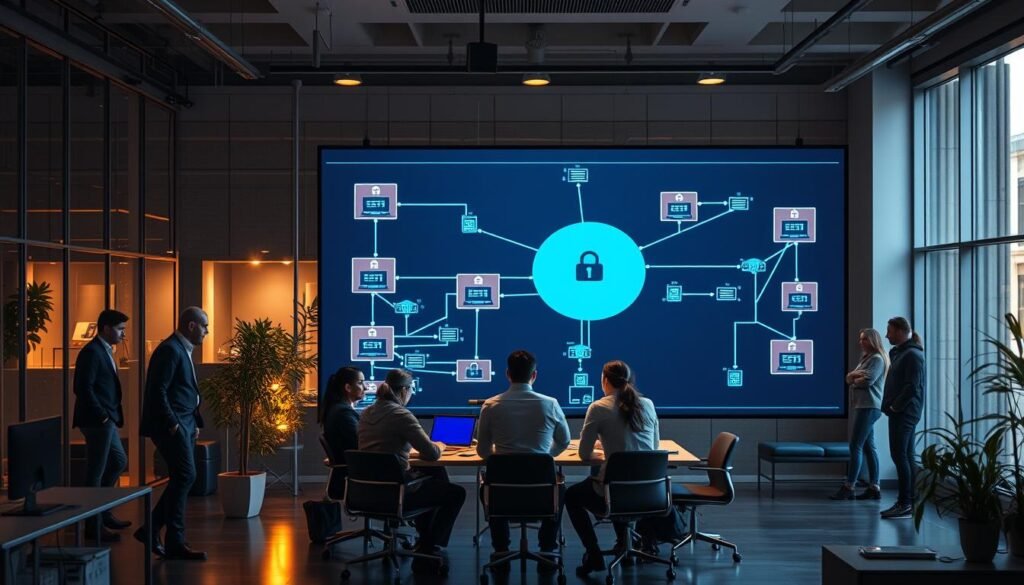 A bustling office scene, with a network diagram projected on a large screen in the foreground. In the middle ground, employees huddle around a conference table, discussing network security strategies. The background depicts a modern, minimalist office space with large windows and sleek furniture. The lighting is warm and natural, highlighting the collaborative atmosphere. The network diagram showcases various network segments, color-coded to represent different security zones, with firewalls and access control points clearly visible. The prompt aims to convey the practical implementation and real-world applications of network segmentation in a corporate setting.