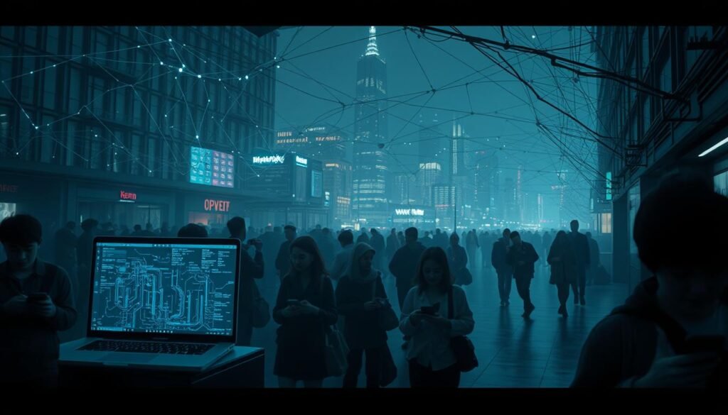 A bustling public space, with people on their mobile devices, surrounded by a complex network of interconnected data streams. In the foreground, a laptop screen displays network activity, its luminous glow casting an eerie atmosphere. Midground, individuals move about, oblivious to the invisible threats lurking in the digital ether. In the background, a towering skyline of glass and steel, symbolizing the vast interconnected world we inhabit. Soft, diffused lighting illuminates the scene, creating a sense of vulnerability and the need for heightened security awareness. The image evokes the precarious nature of public Wi-Fi and the importance of being vigilant when accessing sensitive data on the open internet.