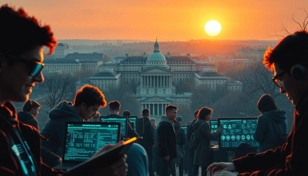 A bustling scene of mischief and ingenuity, set against the iconic backdrop of the Massachusetts Institute of Technology. In the foreground, a group of young hackers, their faces obscured by the glow of computer screens, engaged in a flurry of keystrokes and laughter. Hints of playful pranks and clever exploits linger in the air, as they push the boundaries of what's possible. The middle ground reveals a sprawling campus, its stately buildings and winding pathways creating a sense of academic grandeur, juxtaposed with the subversive energy of the hackers. In the distance, the sun casts a warm, golden glow, illuminating the scene with a sense of rebellious creativity. This is the realm of the most famous hacking pranks, where brilliant minds and a thirst for mischief collide.