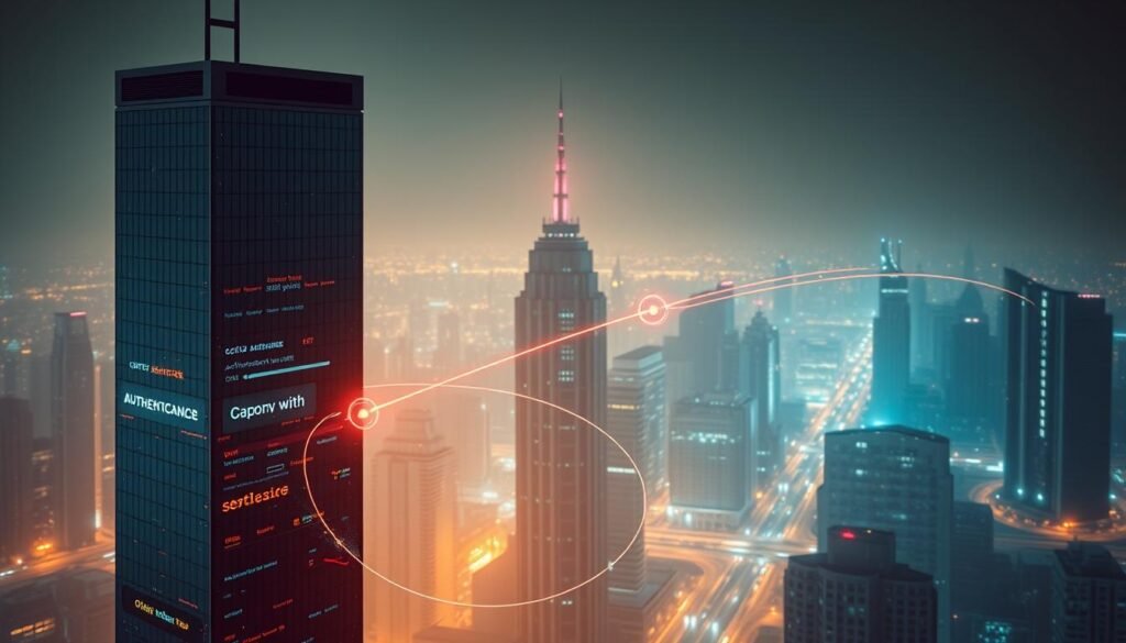 A centralized authentication server, depicted as a sleek, modern tower in the foreground, its glass facade reflecting the cityscape behind it. In the middle ground, OAuth authorization flows are visualized as elegant arcs of light, connecting clients to the authentication tower. In the background, a sprawling technology metropolis, its skyscrapers and infrastructure symbolizing the complex web of API interactions. The scene is bathed in a warm, hazy glow, conveying a sense of security and efficiency. The overall aesthetic is clean, minimalist, and highly technical, reflecting the sophisticated nature of centralized identity management. A centralized authentication server, depicted as a sleek, modern tower in the foreground, its glass facade reflecting the cityscape behind it. In the middle ground, OAuth authorization flows are visualized as elegant arcs of light, connecting clients to the authentication tower. In the background, a sprawling technology metropolis, its skyscrapers and infrastructure symbolizing the complex web of API interactions. The scene is bathed in a warm, hazy glow, conveying a sense of security and efficiency. The overall aesthetic is clean, minimalist, and highly technical, reflecting the sophisticated nature of centralized identity management.