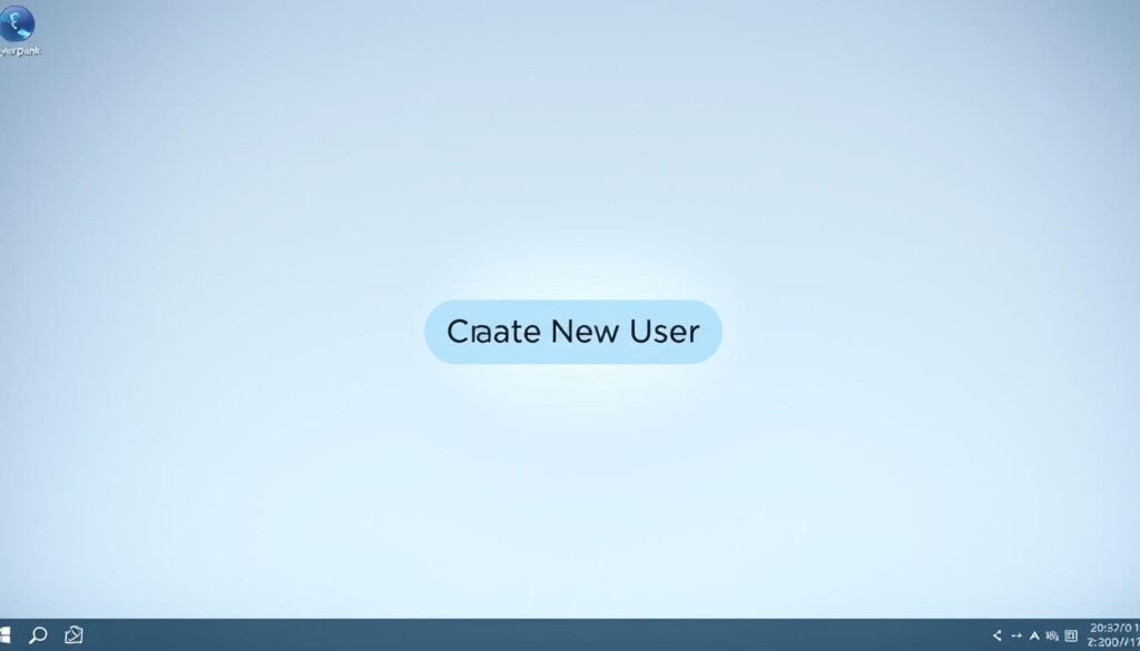 A clean, minimalist desktop interface with a prominent "Create New User" button at the center. The button should have a simple, intuitive design, conveying the idea of starting a new user account. The background should be a soft, neutral tone, perhaps a light gray or off-white, creating a sense of simplicity and focus. The lighting should be natural and diffused, with a slight glow emanating from the button to draw the viewer's attention. The camera angle should be slightly elevated, giving a sense of approachability and accessibility. The overall mood should be one of efficiency, security, and user-friendliness, reflecting the importance of setting up a separate user account for daily tasks.