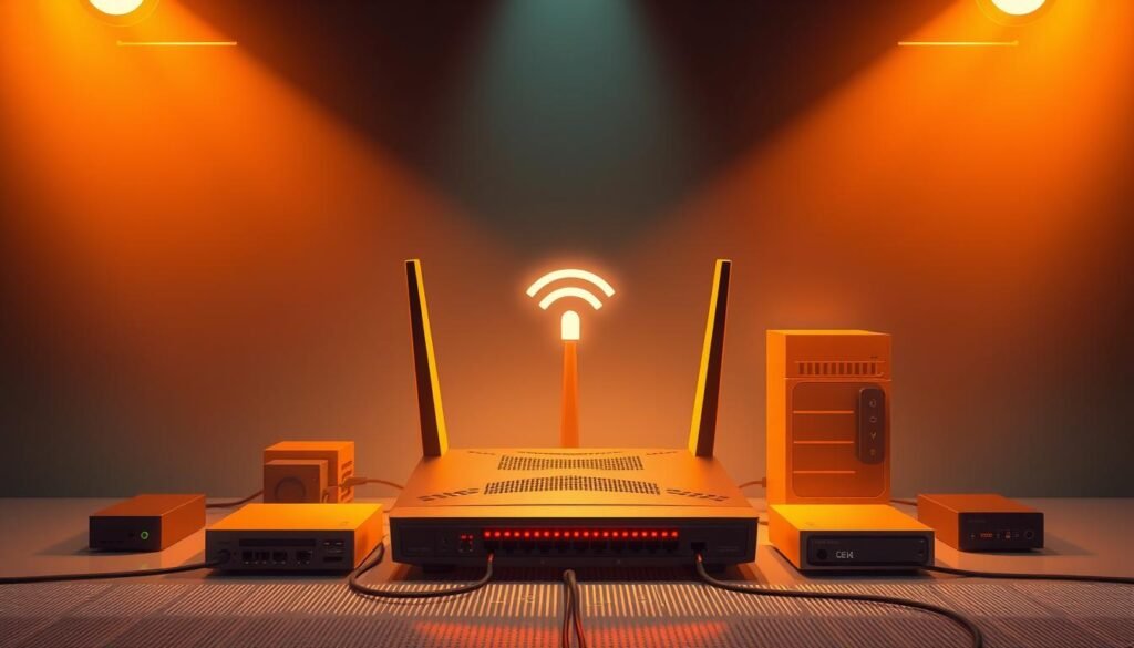 A clean, modern network diagram with a prominent router and firewall at its center, illuminated by warm, directional lighting that casts dynamic shadows. The router is depicted with intricate details, conveying its technical complexity. Surrounding the router are various network devices, each represented with clarity and precision. The firewall, a sturdy barrier between the internal network and the outside world, stands resolute, its purpose and functionality evident. The overall composition emphasizes the crucial role of the router and firewall in securing the Wi-Fi network, creating a sense of visual balance and harmony.
