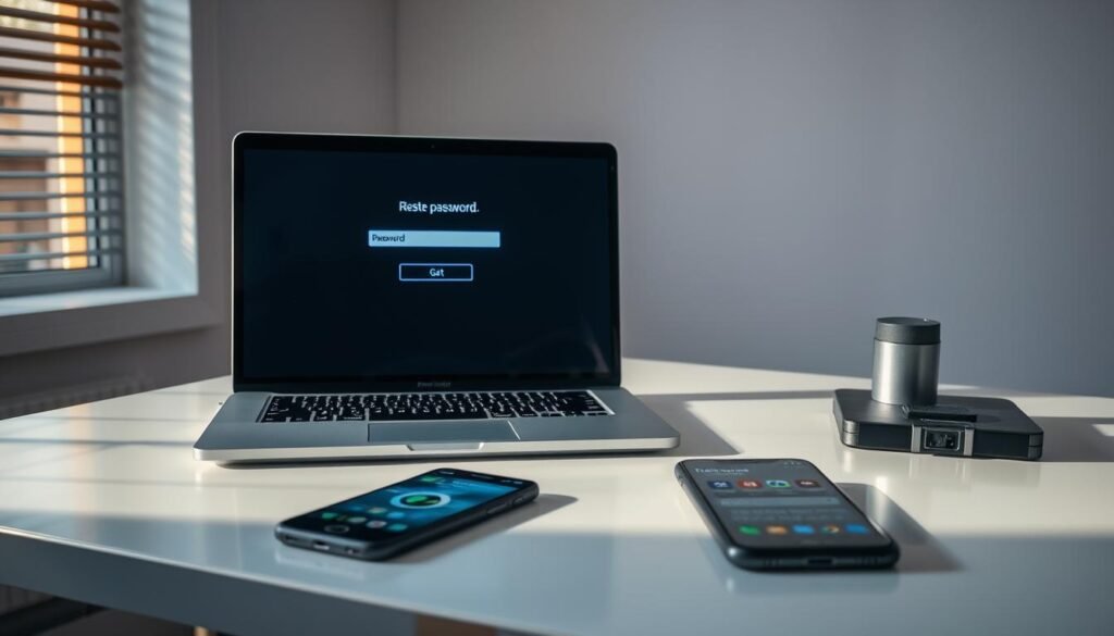 A clean, modern office desk with a laptop and smartphone prominently displayed. The laptop screen shows a password reset dialog, indicating the need to change passwords. The desk is well-lit from a window on the left, casting a warm glow and natural shadows. The smartphone on the desk has a security-focused app open, emphasizing the importance of robust account protection. The overall atmosphere conveys a sense of diligence, responsibility, and the proactive steps necessary to secure digital assets in the wake of a potential breach.