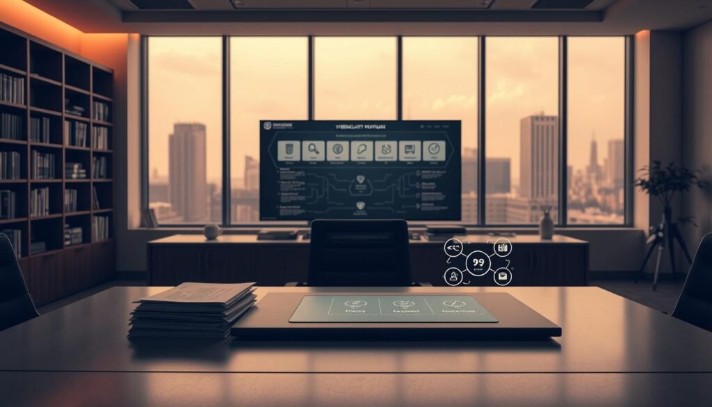 A clean, well-lit office setting with a large desk in the foreground. On the desk, a laptop, a stack of documents, and a stylized visualization of the NIST Cybersecurity Framework. The framework is depicted as a series of interconnected shapes and icons, representing the core functions of Identify, Protect, Detect, Respond, and Recover. In the middle ground, a wall-mounted display showcases a detailed breakdown of the framework's components. The background features a bookshelf and an expansive window overlooking a cityscape, creating a professional and authoritative atmosphere. The lighting is soft and diffused, with a warm color temperature to convey a sense of expertise and security.