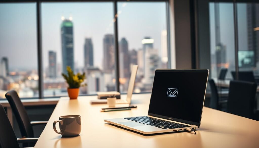 A clean, well-lit office setting with a large window overlooking a city skyline. In the foreground, a modern, minimalist desk with a laptop, coffee mug, and a stylized email logo prominently displayed. The laptop screen shows a sleek, user-friendly email interface. The middle ground features neatly organized office supplies and a potted plant, creating a sense of professionalism and productivity. The background is softly blurred, hinting at the broader corporate environment. The lighting is warm and natural, creating a comfortable, inviting atmosphere. The overall composition conveys the idea of a reliable, efficient email provider.