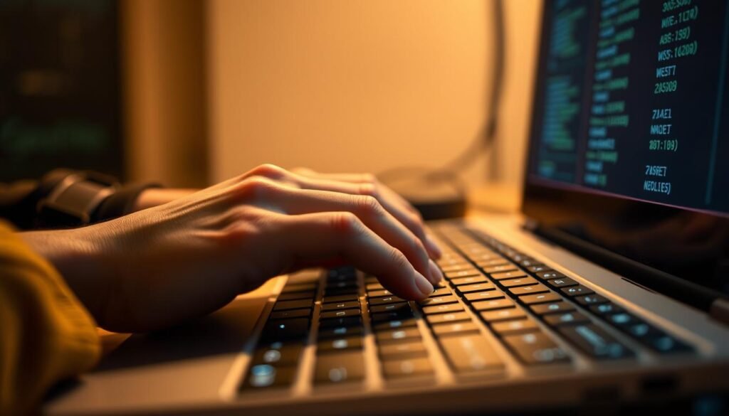 A close-up shot of a hand typing on a computer keyboard, the fingers expertly navigating the keys. The background is blurred, focusing the viewer's attention on the act of creating a strong password. The lighting is soft and diffused, casting a warm glow on the scene, conveying a sense of focus and concentration. The keyboard is modern and minimalist, with the keys subtly backlit, hinting at the technical nature of the task at hand. The angle is slightly tilted, adding a dynamic and engaging composition to the image. A close-up shot of a hand typing on a computer keyboard, the fingers expertly navigating the keys. The background is blurred, focusing the viewer's attention on the act of creating a strong password. The lighting is soft and diffused, casting a warm glow on the scene, conveying a sense of focus and concentration. The keyboard is modern and minimalist, with the keys subtly backlit, hinting at the technical nature of the task at hand. The angle is slightly tilted, adding a dynamic and engaging composition to the image.