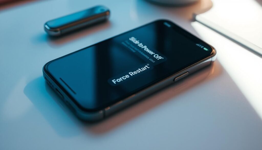 A close-up shot of an iPhone's screen, showing the "Slide to Power Off" prompt and the "Force Restart" option. The iPhone is positioned on a minimalist, white table, bathed in soft, directional lighting that casts subtle shadows, creating a sense of depth and focus on the device. The background is slightly blurred, hinting at a clean, uncluttered workspace, emphasizing the centrality of the iPhone and the "Force Restart" action. The overall atmosphere conveys a sense of technical troubleshooting and problem-solving, reflecting the advanced solutions mentioned in the section title.