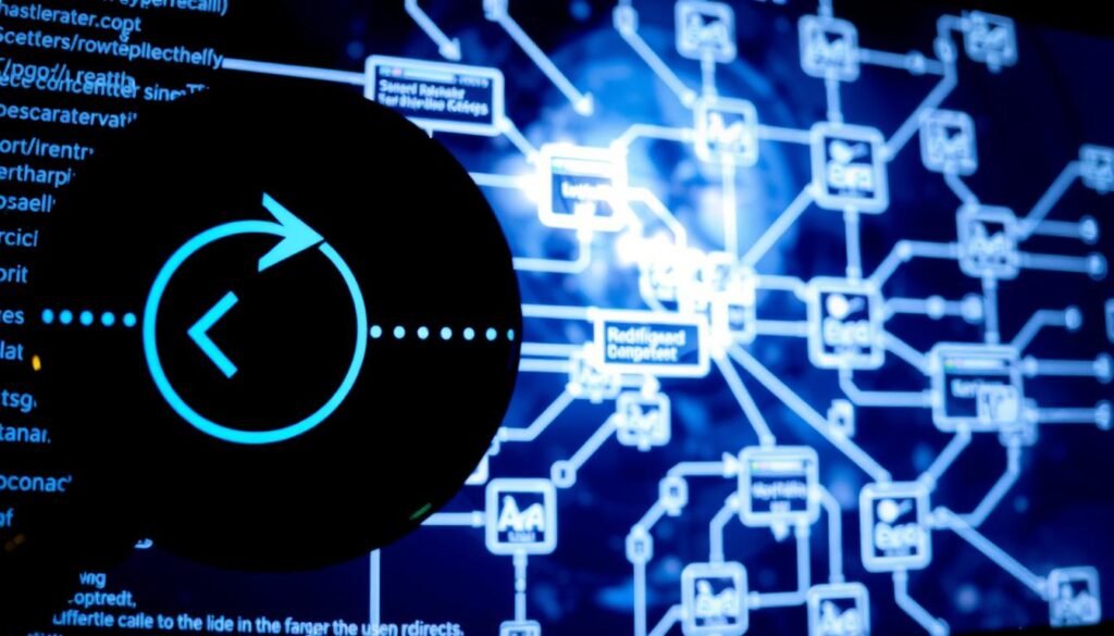 A close-up view of a computer screen displaying an intricate web of interconnected hyperlinks, arrows, and icons representing the redirection process. The foreground features a magnified section of the screen, showcasing a circular arrow icon and a dotted line leading to another webpage. The middle ground depicts the full scope of the redirection flow, with multiple webpages and servers connected by a network of arrows, highlighting the complex path a user's request can take. The background is a dimly lit, abstract space, emphasizing the technical nature of the subject matter. The scene is rendered with a sense of depth and perspective, using a wide-angle lens to capture the full breadth of the redirection process. The overall mood is one of technical sophistication and the underlying risks associated with open redirects.