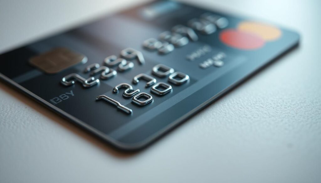 A close-up view of a credit card, capturing the intricate details of the digits and security features. The card is positioned on a clean, minimalist surface, with soft, even lighting illuminating the embossed numerals and metallic accents. The perspective highlights the tactile nature of the card, inviting the viewer to examine the various security elements that contribute to identity verification workflows. The overall mood is one of precision and simplicity, emphasizing the importance of robust identity management practices.