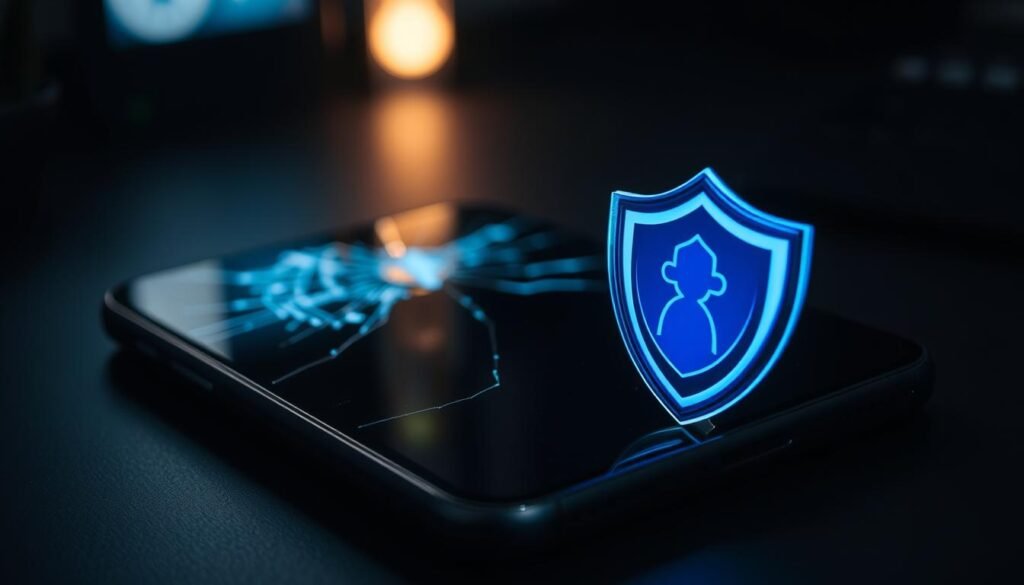 A close-up view of a smartphone screen, its display cracked but still functional, surrounded by a protective shield shimmering with a faint blue glow. In the foreground, an antivirus software icon stands resolute, signifying its successful defense against a malicious intrusion. The background is a dimly lit, shadowy environment, highlighting the contrast between the device's vulnerability and the antivirus's protective powers. Soft, directional lighting illuminates the scene, casting subtle highlights and shadows that convey a sense of drama and tension. The overall composition emphasizes the real-world test scenario, where the antivirus software's efficacy is put to the test against a simulated threat.