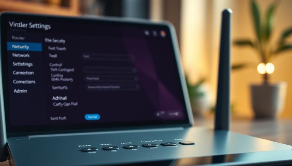 A close-up view of an open router settings interface, displaying a clean and minimalist design. The foreground features the router's control panel with options for wireless security, network settings, and admin tools. The middle ground showcases a laptop screen reflecting the router's status and connection details. The background subtly blurs out, creating a sense of depth and focus on the router's critical components. Soft, natural lighting casts a warm, inviting glow, emphasizing the importance of securing one's home network. The overall mood is one of simplicity, control, and the essential steps needed to protect a Wi-Fi connection.