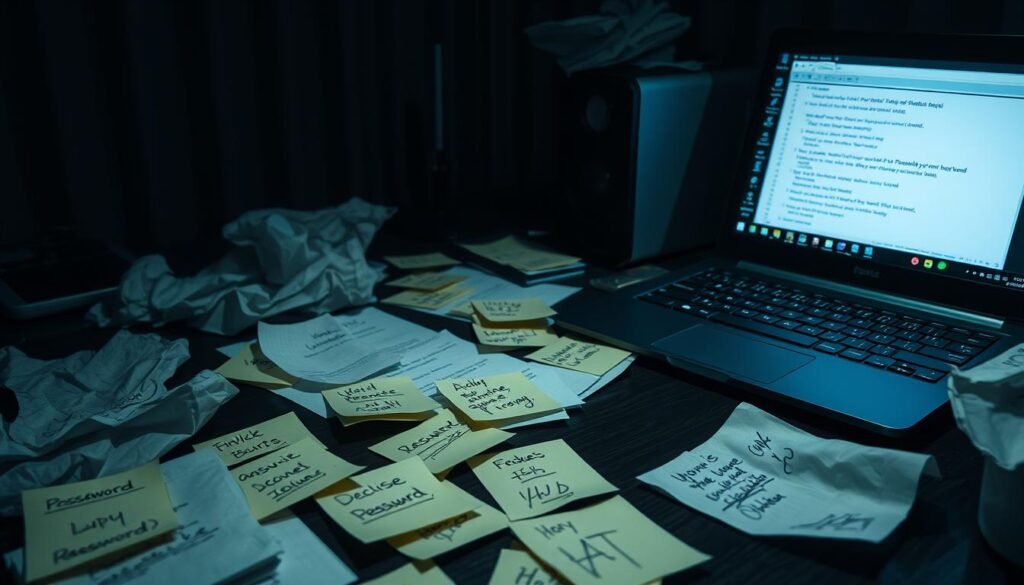 A cluttered desk with an array of diverse passwords scribbled on sticky notes, crumpled papers, and the screen of an open laptop. The lighting is low and muted, casting a sense of privacy and intensity. Passwords are written in a variety of handwriting styles, hinting at a personal, relational system of credential management. The desk is slightly angled, suggesting a deliberate, focused workspace. The overall atmosphere conveys the sensitive, high-stakes nature of personal data security.