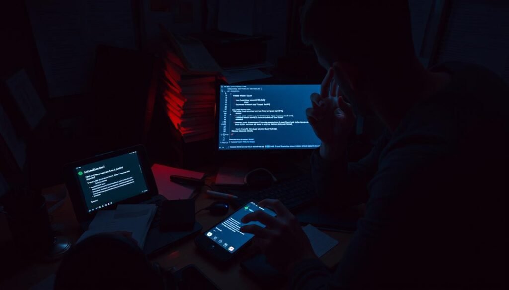 A cluttered desk with various APK files, installation error messages displayed on a smartphone screen, and a perplexed computer user gesturing in frustration. Dim lighting casts long shadows, creating a sense of technical complexity and uncertainty. The scene is captured with a wide-angle lens, emphasizing the disarray and the user's struggle to make sense of the installation issues. The overall mood is one of confusion and technical obstacles, reflecting the challenges faced when dealing with problematic APK installations.
