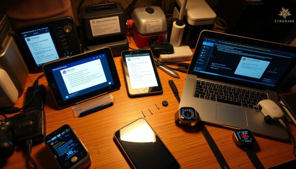 A cluttered desk with various electronic devices and gadgets, including a smartphone, tablet, laptop, and smartwatch. The screen of each device displays subtle visual indicators of potential spyware or malware, such as unexpected pop-ups, unfamiliar icons, and unusual network activity. The lighting is a mix of warm and cool tones, creating a sense of unease and alertness. The composition emphasizes the interconnectedness of our digital devices, highlighting the importance of vigilance in maintaining their security and privacy.