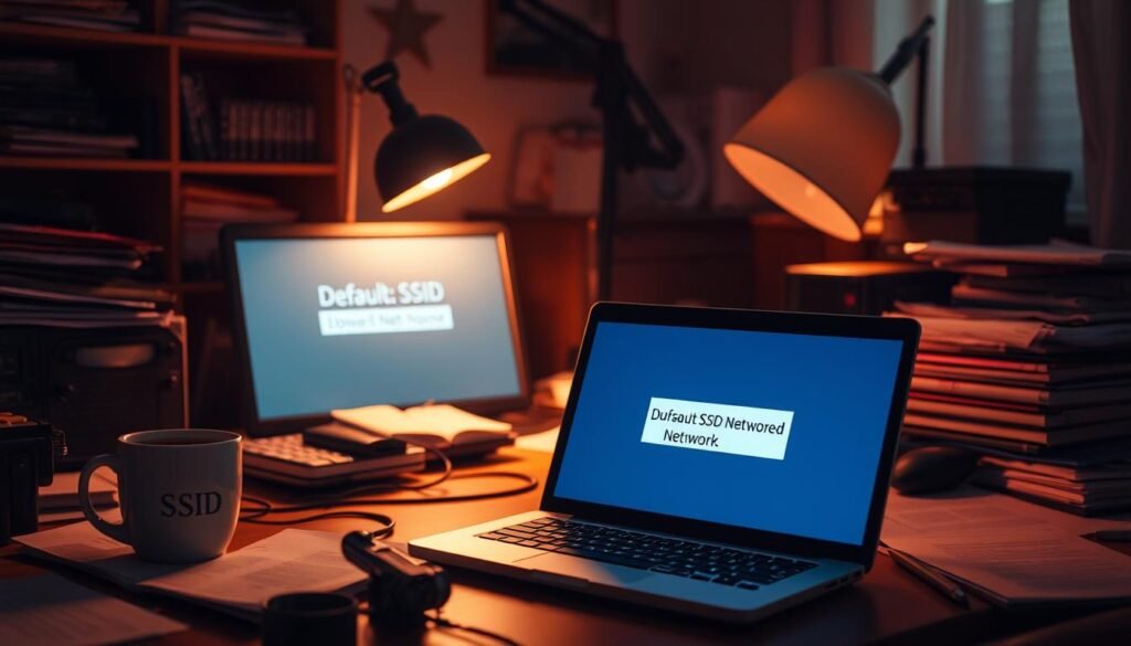 A cluttered home office desk with a laptop, coffee mug, and scattered documents. The laptop screen displays the default "SSID" network name, indicating an unsecured wireless network. The scene is dimly lit, with a warm, incandescent glow, emphasizing the potential security risks of an unprotected home WiFi network. The image conveys a sense of vulnerability and the need for diligence in properly configuring router settings.