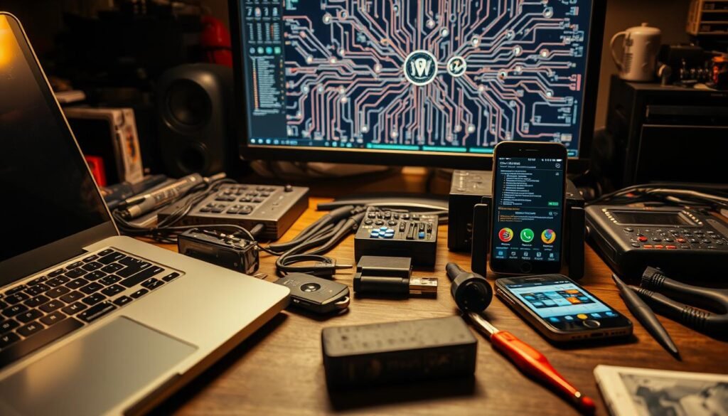 A cluttered workbench showcases an array of cybersecurity tools, exuding a sense of control and preparedness. In the foreground, a sleek laptop, a sturdy hardware security key, and a smartphone with a security app open. In the middle ground, a USB drive, a network analyzer, and a set of lockpicking tools, all neatly organized. The background features a high-resolution monitor displaying a complex network diagram, casting a soft glow over the scene. The lighting is warm and directional, highlighting the utilitarian nature of the tools. The overall impression conveys the notion that effective cybersecurity, though complex, is well within reach with the right approach and tools.