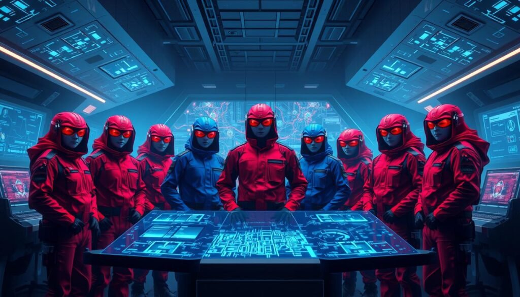 A collaborative team of highly skilled cyber experts, donning a mix of red and blue uniforms, stand united in a futuristic control room. Holographic displays and screens showcase a complex network, representing the seamless integration of red and blue team tactics. Sleek, angular architecture and a dim, ambient lighting create an atmosphere of intense focus and synergy. The team members, their faces illuminated by the glow of the technology, work in harmony, leveraging their diverse perspectives to identify and neutralize emerging threats. This is the essence of purple teaming - where rivalries are cast aside, and real-time collaboration becomes the key to success.