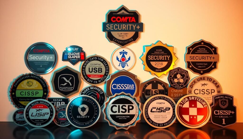 A collection of various cybersecurity certification badges and emblems, including CompTIA Security+, CISSP, CISM, and other industry-recognized credentials. The certifications are displayed against a clean, minimalist backdrop, with a soft, warm lighting that accentuates the crisp edges and metallic sheen of the badges. The arrangement is visually appealing, with the certifications strategically positioned to create a sense of progression and accomplishment. The overall mood is one of professionalism, expertise, and the dedication required to earn these coveted credentials in the field of cybersecurity. A collection of various cybersecurity certification badges and emblems, including CompTIA Security+, CISSP, CISM, and other industry-recognized credentials. The certifications are displayed against a clean, minimalist backdrop, with a soft, warm lighting that accentuates the crisp edges and metallic sheen of the badges. The arrangement is visually appealing, with the certifications strategically positioned to create a sense of progression and accomplishment. The overall mood is one of professionalism, expertise, and the dedication required to earn these coveted credentials in the field of cybersecurity.