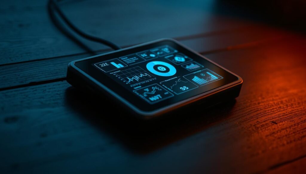 A compact digital device lying on a dark wooden surface, its screen illuminated with a pulsing animation depicting data visualizations and analytics overlays. The device is surrounded by subtle shadows, creating a sense of depth and intrigue. The lighting is dramatic, with a warm glow emanating from the device, contrasting with the cooler tones of the background. The overall mood is one of heightened surveillance and technological monitoring, hinting at the potential for compromise or invasion of privacy.
