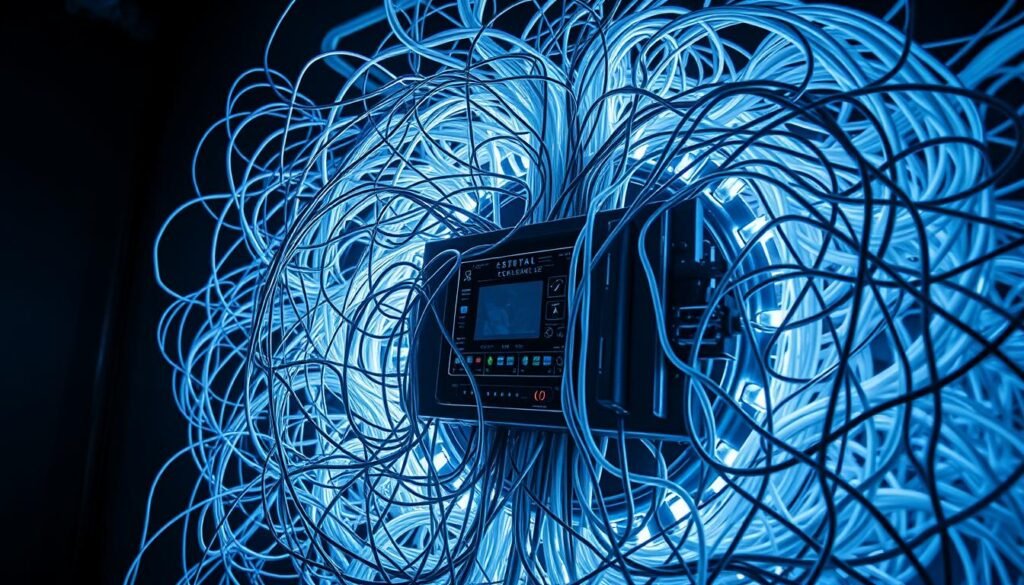 A complex network of digital containment, enveloping a centralized control hub. Sleek cables intertwine, forming a protective shield against the unseen threats. Stark, utilitarian aesthetics convey a sense of unwavering security, with clean lines and subdued colors. Soft, diffused lighting casts an ethereal glow, highlighting the intricate web of connections. The entire scene emanates a sense of control and preparedness, ready to safeguard the vulnerable system from malicious intrusion.