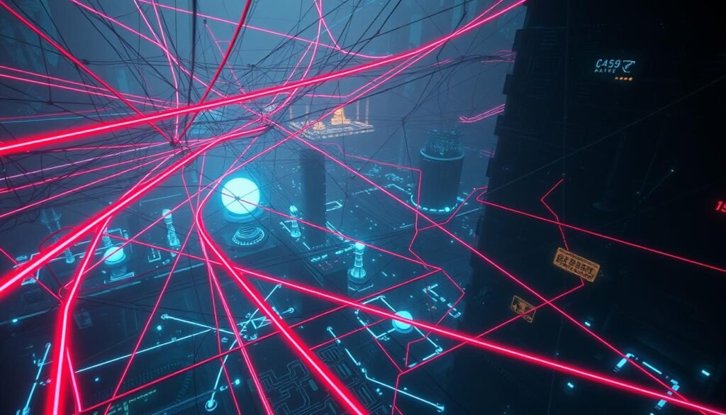 A complex network of digital traffic paths weaving through a surreal, neon-infused landscape. In the foreground, bold red and blue lines representing network flows bypass security checkpoints, cutting directly through a dense maze of crisscrossing data streams. In the middle ground, glowing orbs and abstract shapes hint at the underlying infrastructure, while the background is cast in a moody, subdued palette, with ominous shadows and distorted architectural elements. The scene evokes a sense of systemic vulnerability, as if the very foundations of the network have been compromised. Dramatic lighting and a low camera angle heighten the sense of scale and drama, drawing the viewer into this digital underworld.