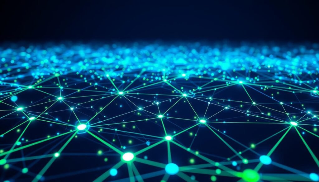 A complex network of interconnected nodes and lines, representing the flow of data across a digital landscape. Vibrant blue and green hues illuminate the intricate web, conveying a sense of dynamism and connectivity. The foreground features a prominent central node, surrounded by a flurry of smaller nodes and pulsing lines, simulating the real-time mapping of network traffic. The middle ground showcases a more abstract, yet visually striking, pattern of intersecting pathways, evoking the underlying infrastructure that enables communication. In the background, a subtle gradient fades into a darker, more contemplative tone, suggesting the depth and complexity of the digital realm. Crisp, high-resolution details and a subtle depth of field create a captivating, realistic depiction of "network connections". A complex network of interconnected nodes and lines, representing the flow of data across a digital landscape. Vibrant blue and green hues illuminate the intricate web, conveying a sense of dynamism and connectivity. The foreground features a prominent central node, surrounded by a flurry of smaller nodes and pulsing lines, simulating the real-time mapping of network traffic. The middle ground showcases a more abstract, yet visually striking, pattern of intersecting pathways, evoking the underlying infrastructure that enables communication. In the background, a subtle gradient fades into a darker, more contemplative tone, suggesting the depth and complexity of the digital realm. Crisp, high-resolution details and a subtle depth of field create a captivating, realistic depiction of "network connections".