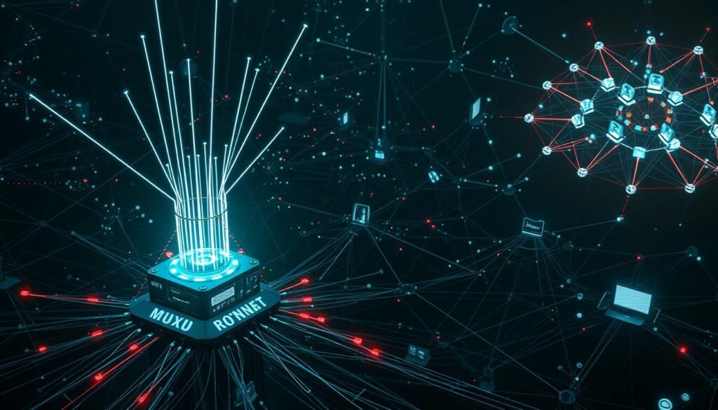 A complex network of interconnected nodes, depicting the intricate architectures of botnets. In the foreground, a central command server emits pulsing signals, directing the activities of numerous compromised devices arrayed in a centralized hierarchy. In the middle ground, a decentralized peer-to-peer network emerges, with infected hosts communicating directly, forming a resilient distributed system. The background showcases a hybrid approach, blending centralized control with distributed elements, creating a multifaceted and adaptable botnet infrastructure. Rendered in a dark, ominous palette, the scene conveys the sinister nature of these malicious networks, with subtle lighting and dramatic angles emphasizing their technical complexity and evasive capabilities.