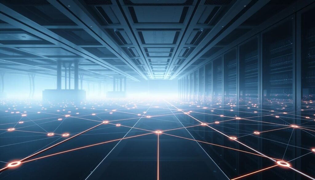 A complex network of interconnected nodes, representing load balancers directing traffic flows through a modern data center. Smooth, linear paths of light trace the routes, while a subtle haze of activity fills the background. Sleek, futuristic architecture frames the scene, casting geometric shadows and reflections. The overall impression is one of efficient, coordinated data movement, with the load balancers acting as the invisible orchestrators, harmonizing the traffic and ensuring seamless operation, even as the firewall vigilantly guards the perimeter.