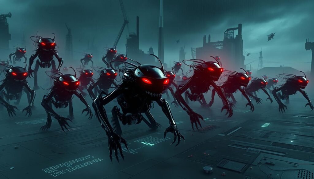 A complex network of ominous-looking bots, each with glowing red eyes and a sinister mechanical appearance, swarming across a dark, dystopian landscape. In the foreground, the bots are clearly visible, their metallic limbs and jagged edges casting long shadows. The middle ground is a hazy, technological expanse, with pulsing lines of code and scattered electronic debris. The background is a bleak, industrial environment, with towering structures and a foreboding atmosphere. The overall scene conveys a sense of power, control, and the unsettling nature of botnets and the malware that drives them.
