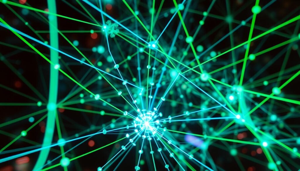A complex web of interconnected nodes and lines, representing the intricate digital landscape of the modern web. Bright, vibrant lines in shades of blue and green criss-cross the frame, creating a sense of depth and dynamism. In the foreground, a central hub of activity, with larger nodes pulsing with energy, while smaller nodes radiate outward, connecting to form a vast, intricate network. The background is slightly blurred, hinting at the vast scale and scope of this digital ecosystem. Captured with a wide-angle lens, the image conveys a sense of grandeur and the powerful, almost organic nature of web-based systems. The overall mood is one of technological sophistication and the endless possibilities of online connectivity.