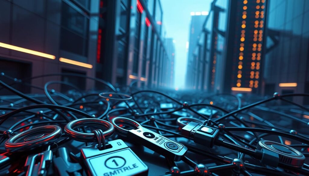 A complex web of security protocols and authorization scopes, intricately woven against a backdrop of sleek, futuristic architecture. In the foreground, a set of API keys and access tokens, their intricate patterns casting dynamic shadows on the smooth, metallic surfaces. The middle ground features a series of interconnected nodes, representing the granular control of user claims and permissions. In the distance, a towering data center looms, its servers illuminated by a soft, ambient glow, symbolizing the scalability and resilience of the access control system. The overall atmosphere exudes a sense of precision, power, and unwavering protection, perfectly encapsulating the essence of "Access control that scales: scopes for coarse control, claims for fine-grained authorization". A complex web of security protocols and authorization scopes, intricately woven against a backdrop of sleek, futuristic architecture. In the foreground, a set of API keys and access tokens, their intricate patterns casting dynamic shadows on the smooth, metallic surfaces. The middle ground features a series of interconnected nodes, representing the granular control of user claims and permissions. In the distance, a towering data center looms, its servers illuminated by a soft, ambient glow, symbolizing the scalability and resilience of the access control system. The overall atmosphere exudes a sense of precision, power, and unwavering protection, perfectly encapsulating the essence of "Access control that scales: scopes for coarse control, claims for fine-grained authorization".